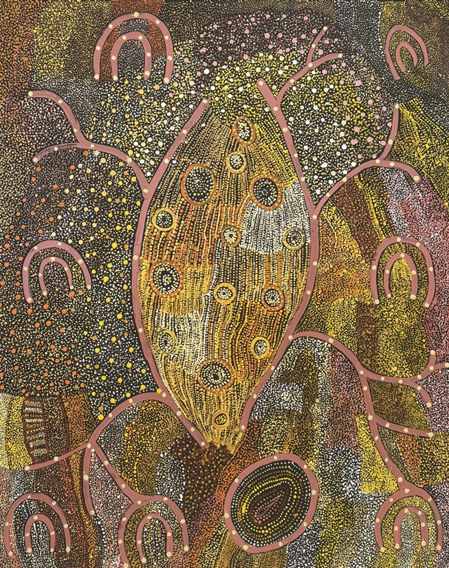 Teresa Mula, Seven Sisters Tjukurpa, 2026, synthetic polymer paint on linen, courtesy of the artist